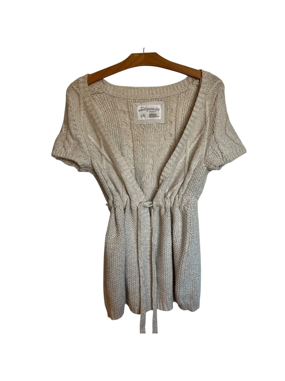 Aeropostale Babydoll Cable Knit Cardigan Y2K Short Sleeve Cream Shimmer Size L